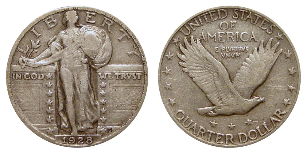 1928 Standing Liberty Quarter obverse and reverse showing Liberty design and eagle, uncirculated example
