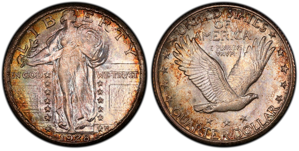 1928 Standing Liberty Quarter Full Head comparison: left shows weak strike without FH details, right shows certified Full Head with three distinct leaves and clear ear hole