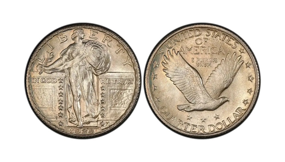 1928 Standing Liberty Quarter Full Head designation close-up showing three distinct helmet leaves, sharp hairline, and visible ear hole