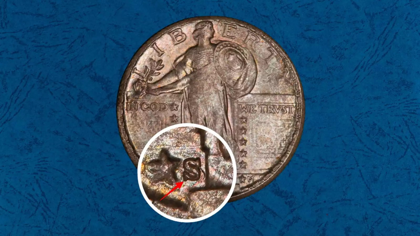 1928-S Standing Liberty Quarter RPM FS-502 showing primary S mintmark and secondary ghost impression to the southeast under magnification