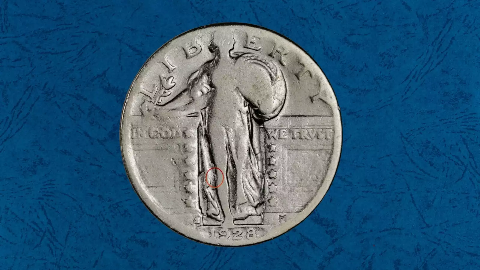 1928 Standing Liberty Quarter clashed die error showing ghosted letter E from reverse inscription transferred to obverse field