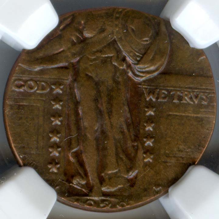 1928 Standing Liberty Quarter struck on a Lincoln cent planchet showing copper color, reduced size, and missing peripheral design details compared to a normal quarter