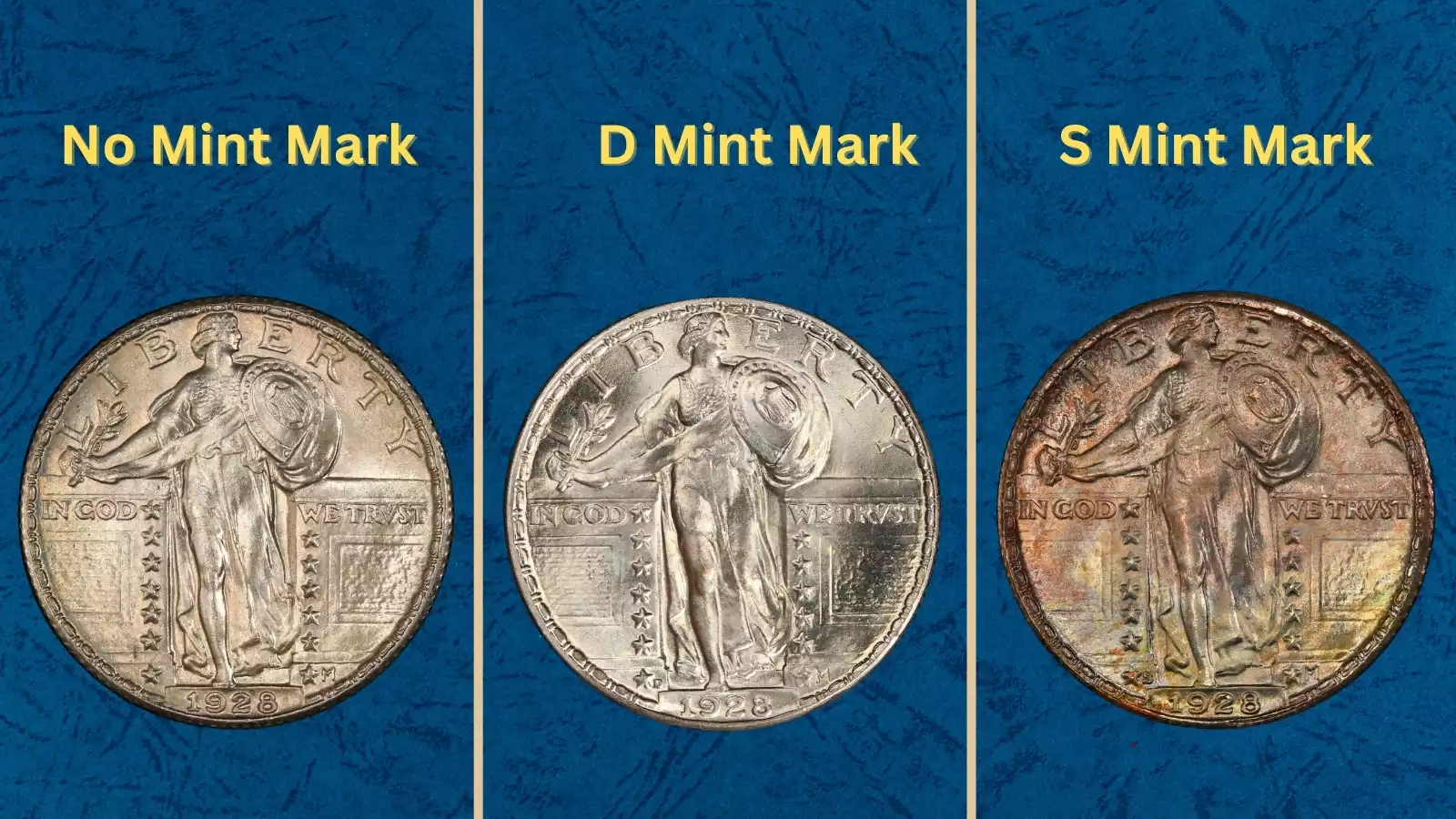 Group photograph of 1928 Standing Liberty Quarters from Philadelphia, Denver, and San Francisco mints showing mint marks and varying grades