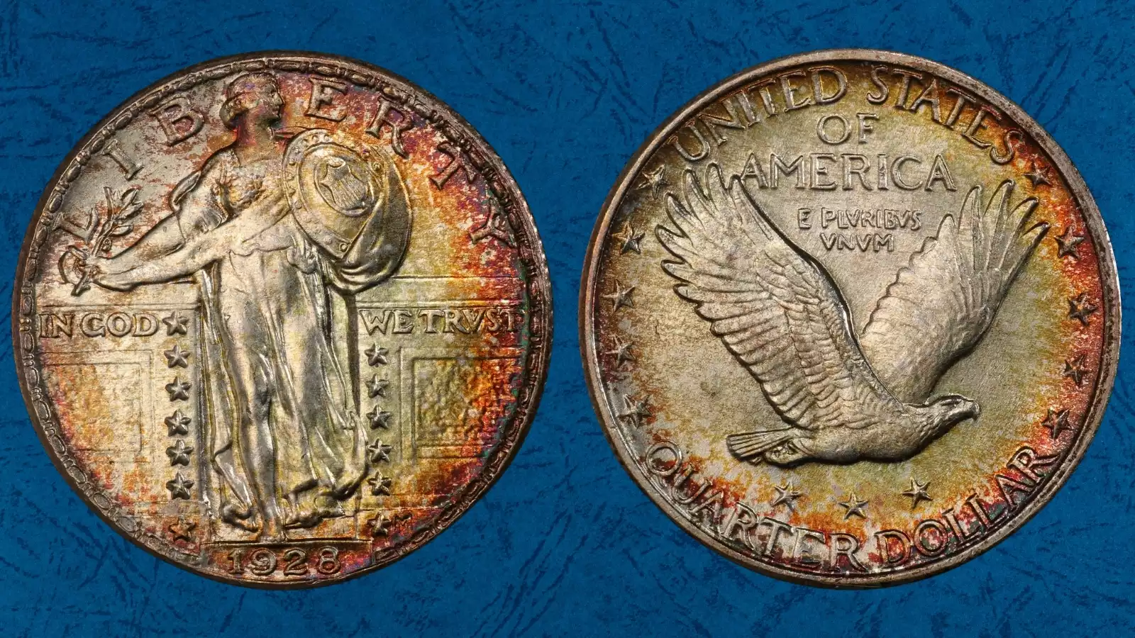 1928 Standing Liberty Quarter grading strip showing four coins from Good (heavily worn) through Gem Mint State, illustrating wear progression on Liberty's design elements